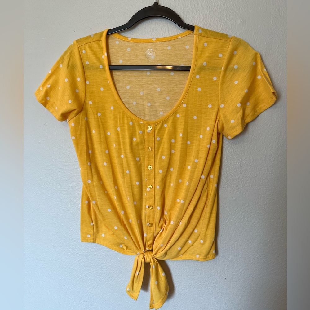 SO Tie Front Yellow and White Polka Dot Top